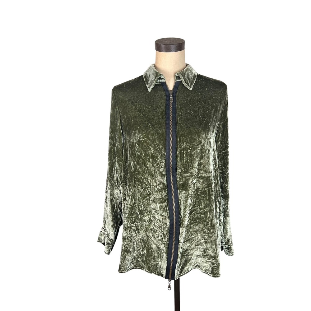 Soft Surroundings Olive Green Crushed Velvet Silk Blend Zip Front Jacket Small